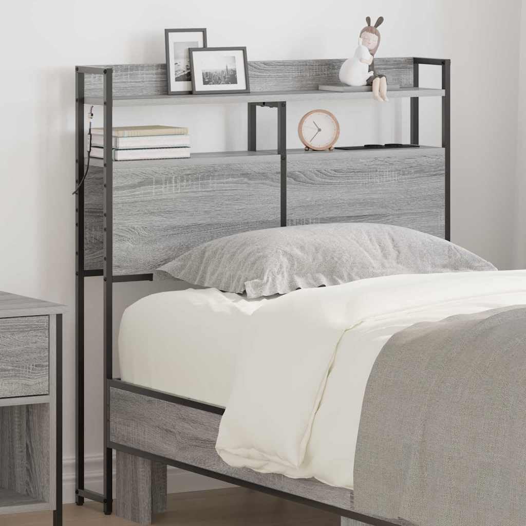 Espacio de almacenamiento cabecero cama gris Sonoma 100 cm de ancho de madera con LED y enchufe múltiple diseño moderno para jóvenes y adultos dormitorio