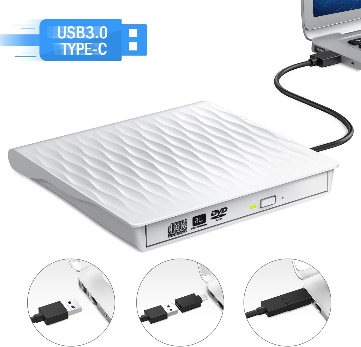 External CD DVD Drive, DUSASA USB 3.0 USB C Dual Port Slim Portable External CD DVD Rewriter Burner Writer,High Speed Data Transfer USB Optical Drives for Laptop/Macbook/Desktop/Win10/8/7 (White)
