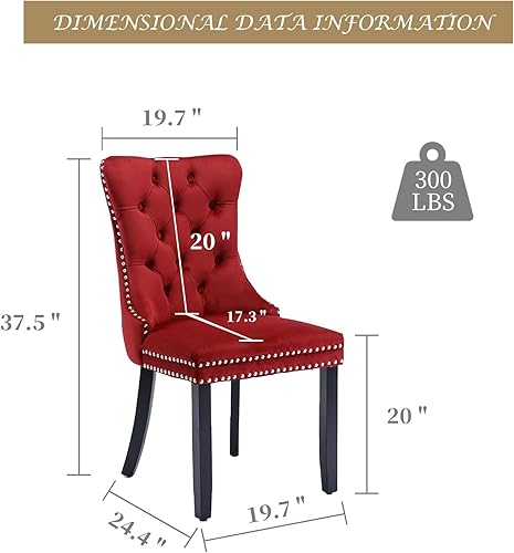 Miniatura 3 de Juego de 2 sillas de comedor tapizadas de terciopelo con respaldo copetudo con ribete de cabeza de clavo y anillo trasero, patas de madera maciza
