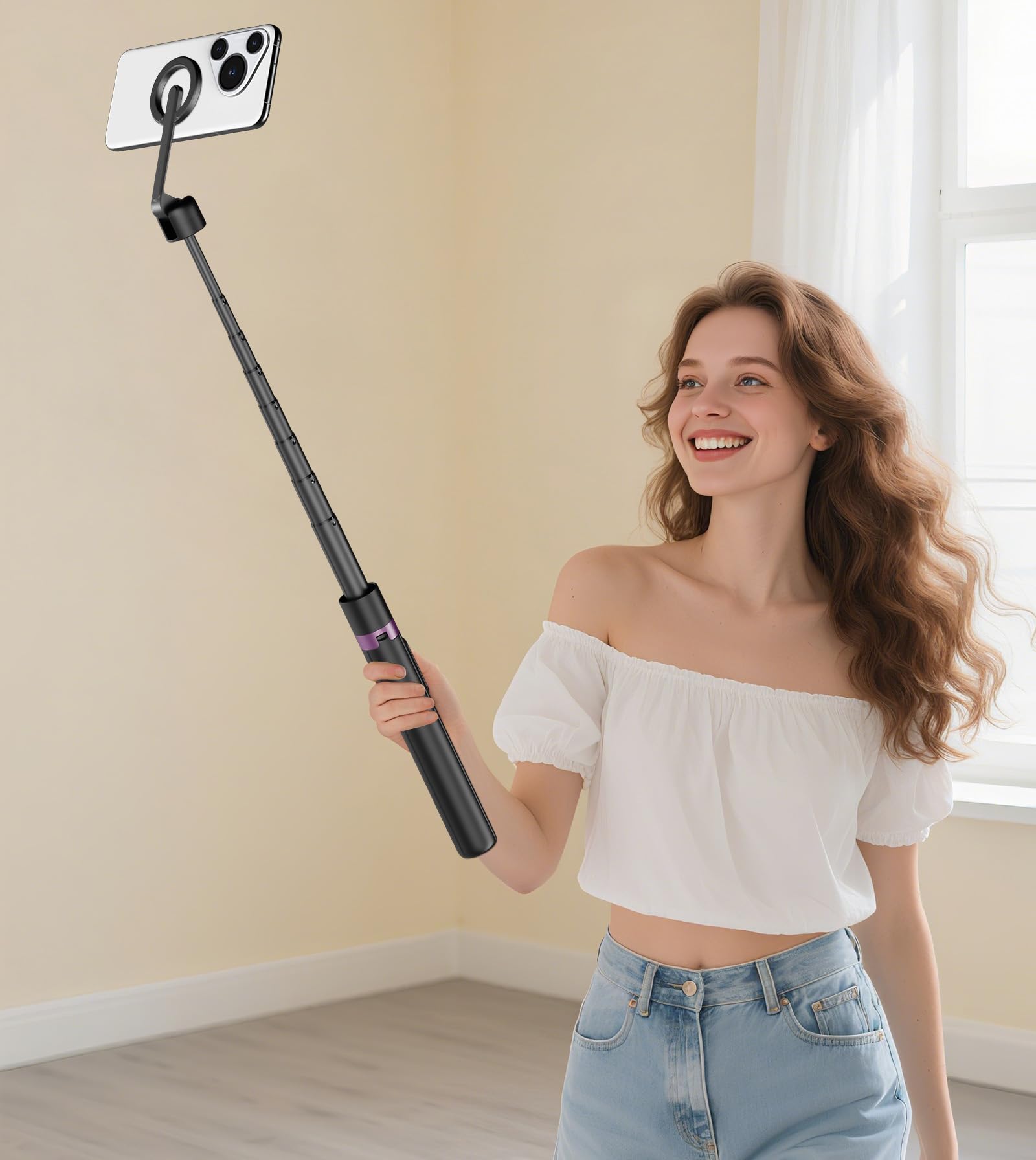 TONEOF 173cm Perche Selfie Magnétique Trépied,Fixations en Aluminium pour Magsafe, Rotatif à 360°,Trépied Voyage Rétractable avec Anneau Métallique&Télécommande,Têtes de Trépieds pour Téléphones-Noir