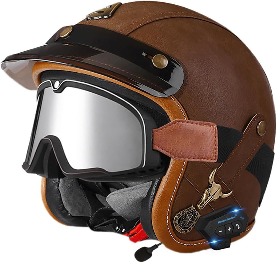 Vintage Leather Built in Bluetooth 3/4 Motorcycle Open Face Half Helmet with Goggles DOT Approved Men Women Commuter Retro V Half Face Helmet for Chopper Scooter Moped Cruiser