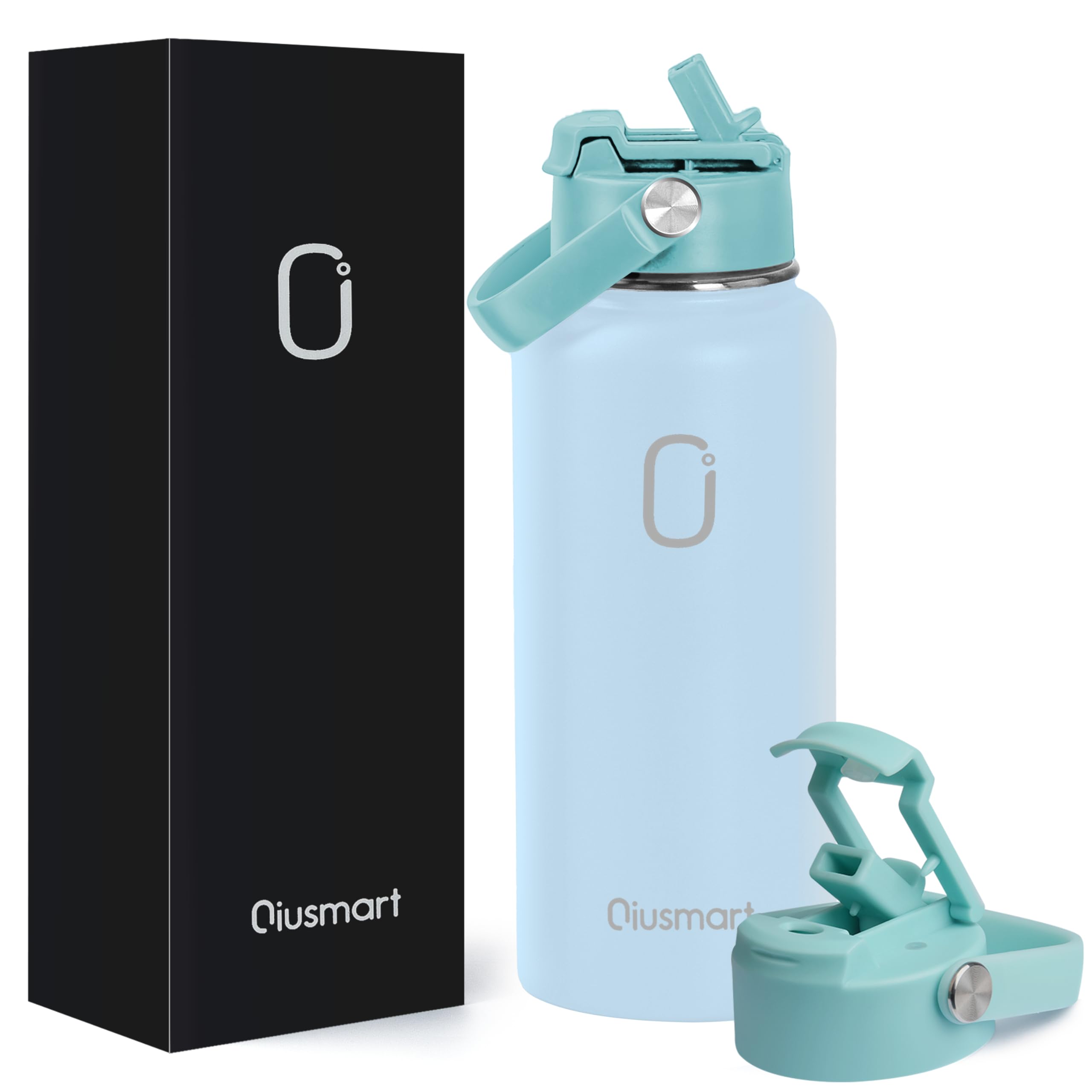 Qiusmart Edelstahl Trinkflasche mit Strohhalm 750ml: Auslaufsichere doppelwandige vakuumisolierte Flasche für Sport, Reisen, Fitnessstudio, BPA-frei