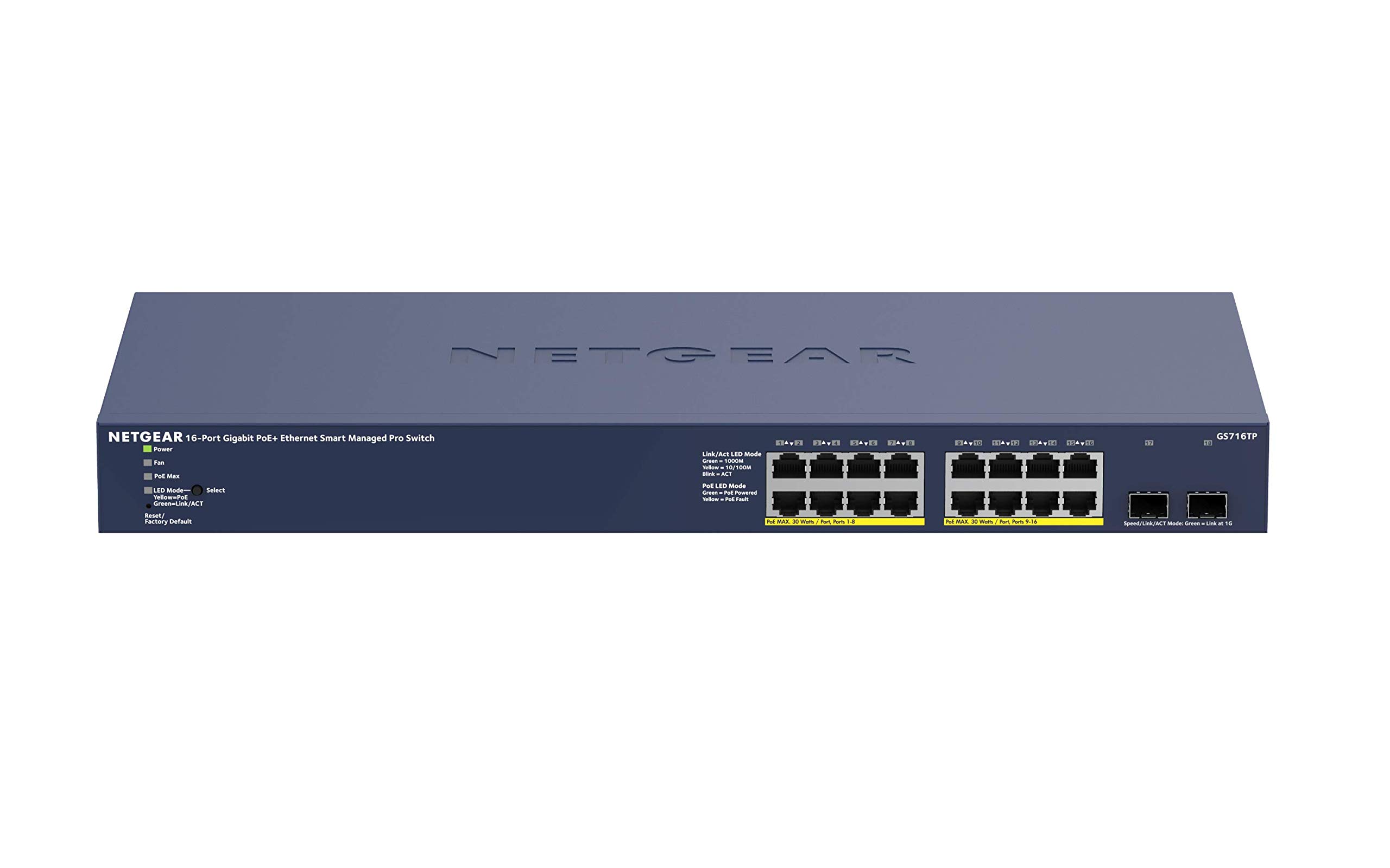 Netgear GS716TP - Switch de Red conmutador Gigabit Ethernet PoE+ Smart Managed Pro de 16 Puertos gestionable con 2 Puertos SFP de 180 W y gestión en la Nube Insight