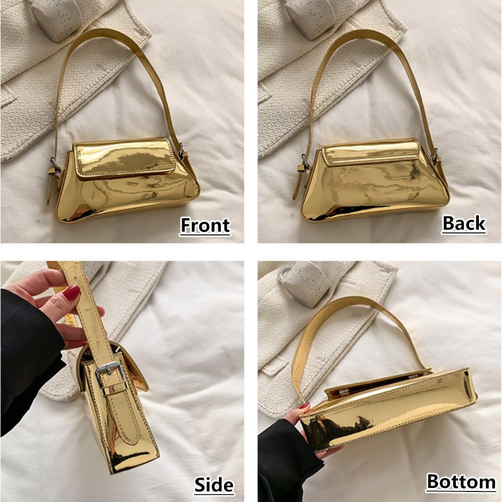 Y2K Metallic Evening Bag for Women - Elegant Party Purse, Small Gold Hobo Bag with Detachable Chain, Vintage Clutch & Satchel Tote Handbag for Night Out
