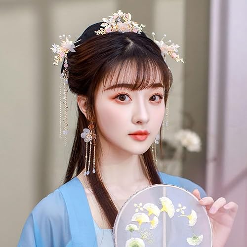 Miniatura 7 de 5 piezas de flores chinas borla palillo de pelo perla de cristal Hanfu horquillas clásicas florales novia accesorios de boda para mujeres