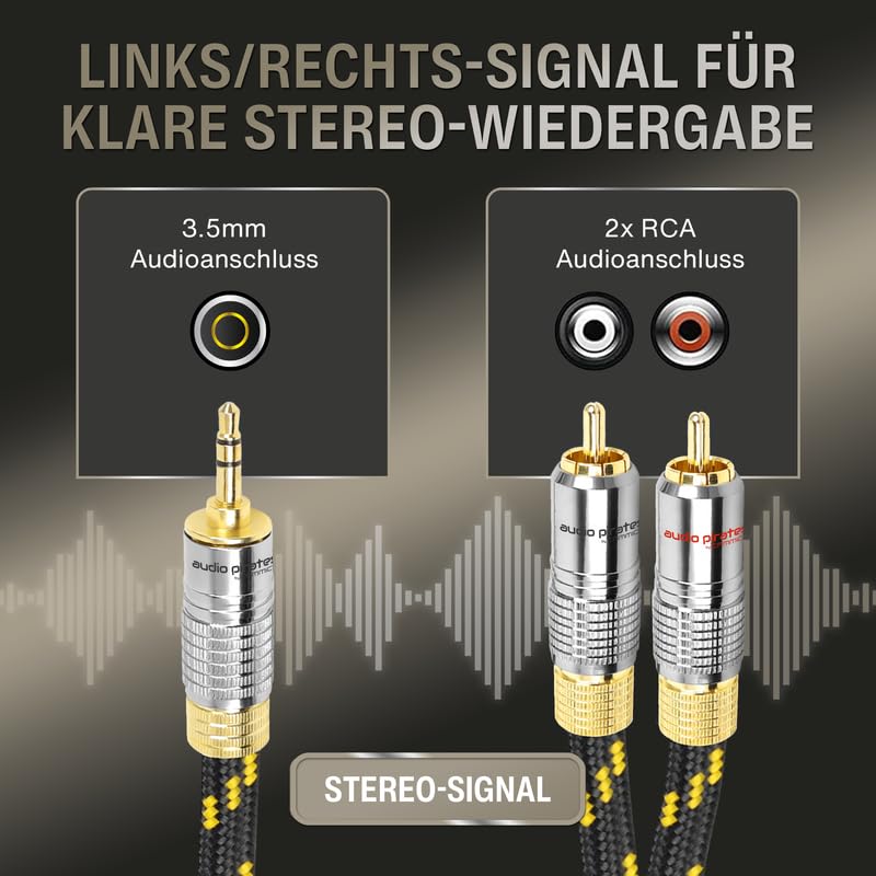 audio pirates by cammica - Cavo splitter jack da 3,5 mm su 2 connettori RCA Clinch, cavo RCA, cavo audio di fascia alta con alloggiamento in metallo e contatti in oro (3 metri)