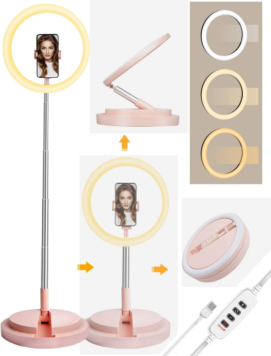 Buу 1 gеt 1 🔥 Ring Light 12 Inch 5-22W LED Ringlight Kit MUA Lighting 3 Color 5 Control Adjustable Height 23-67 in for Phone Camera for for Vlog, Makeup, YouTube, Video Shooting, Selfie (Pink)