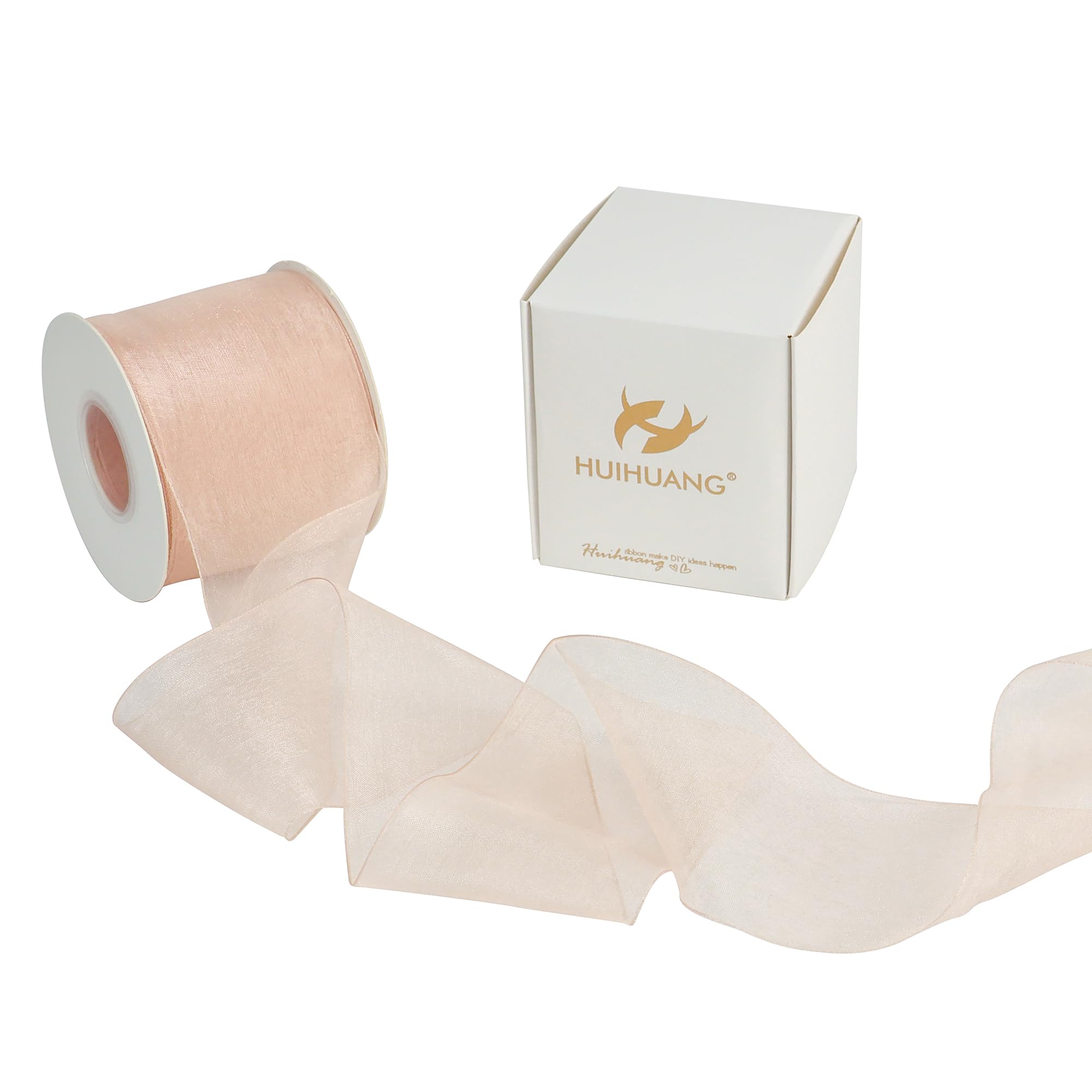 HUIHUANG Rose Gold Organza Ribbon 3 inch Shimmer Sheer Organza Fabric Ribbon for Flower Bouquets, Bows, Gift Wrapping, Wedding Decor, Christmas Decor,