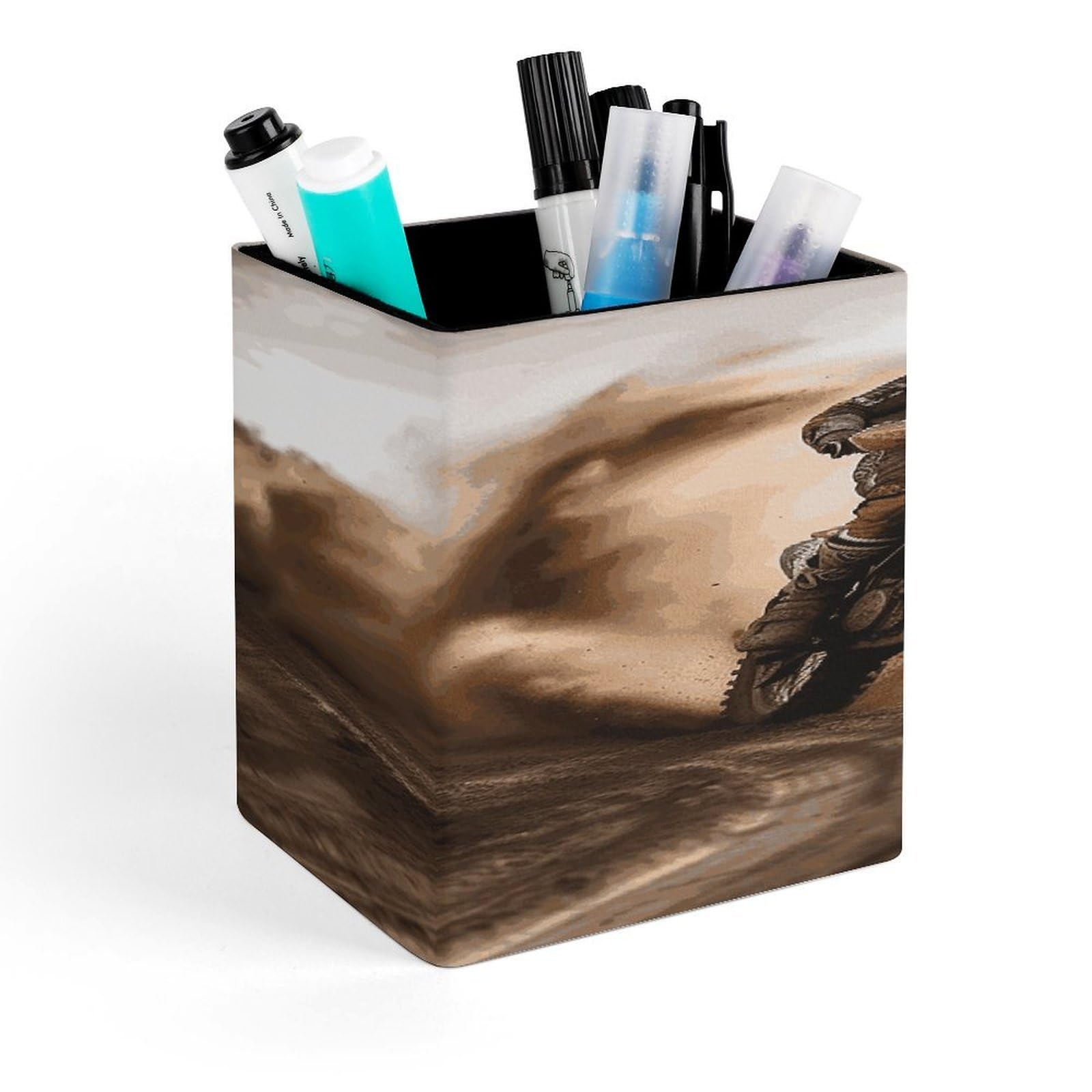 FekiLoot Square Motocross Pen Holder PU Leather Pencil Cup Desk Organizer Cute Makeup Brush Storage Organizer Modern Design Office Accessories Container Box 4.3x 3.5x 3.1 in