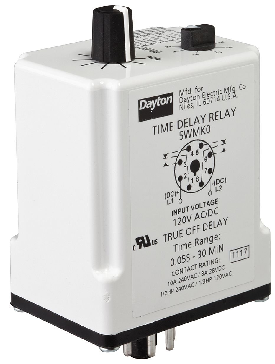 Dayton 5WMK0 Time Delay Relay, 120Vac/Dc, 10A, Dpdt