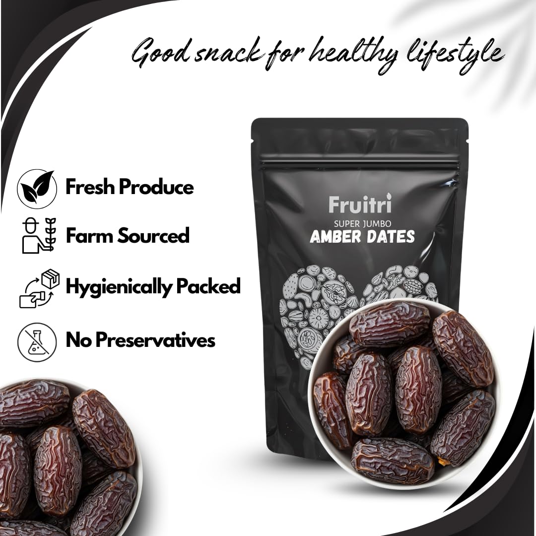 Fruitri Super Jumbo Amber Dates Madinah 500g - Saudi Dates Premium | Soft Anbara Khajoor | Big Size Khajur (Mote Wale) | Natural Sweetener for Instant Energy (500g) 2