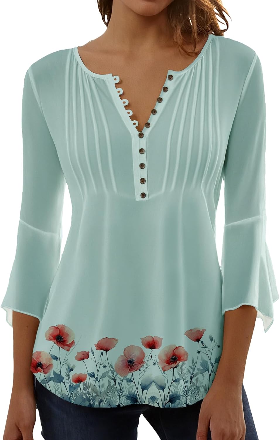 Womens Tops Button Down Pleated V Neck 3/4 Length Sleeve T Shirts Trendy Boho Floral Print Casual Blouse