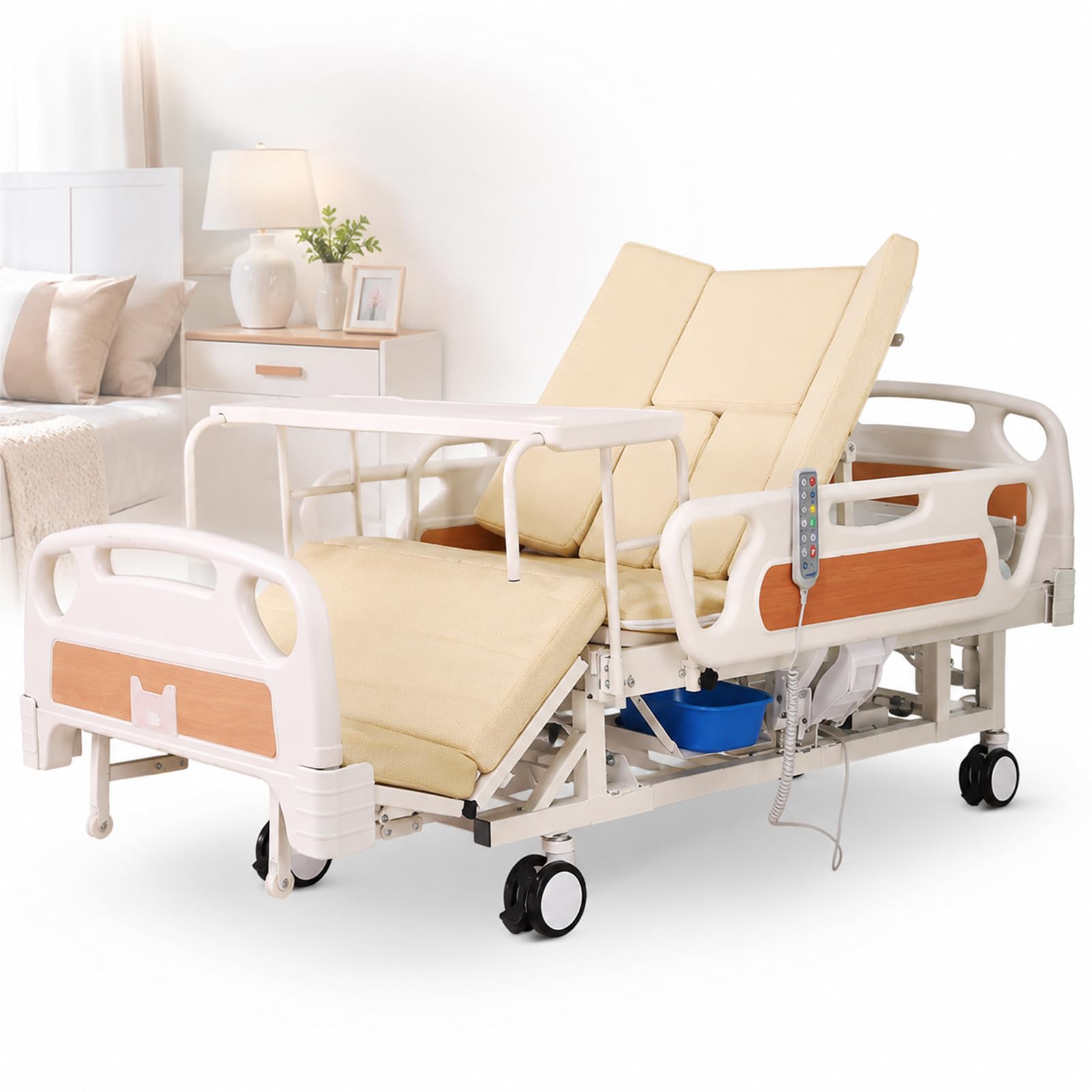 Letto Medico Completamente Elettrico Per Uso Domestico, Letto Ospedaliero Elettrico Con Sollevamento, Telecomando, Funzione Di Rotazione Laterale Temporizzata, Sedia Comoda, Sponde Laterali,