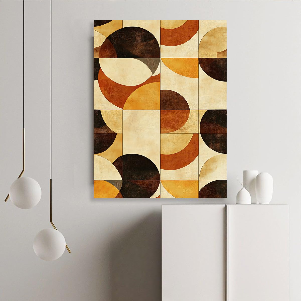 Cuadros en Lienzo Sin Marco Geometría Marrón, Pintura al Óleo Semicírculo Rétro Nórdico Contemporáneo para Salón Hogar 65x95cm