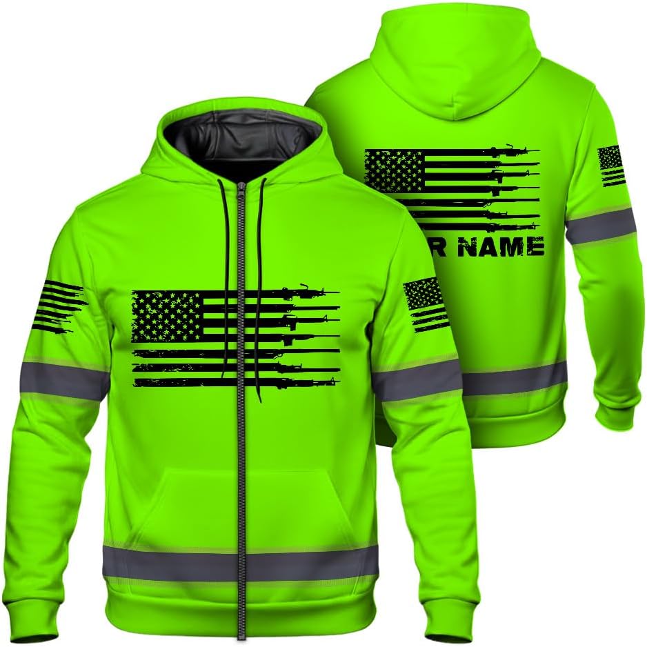 Maddly Hi Vis Reflective Zip Up Hoodie, Orange American Flag High Visibility Safety workwear hoodie for workers, Patriotic