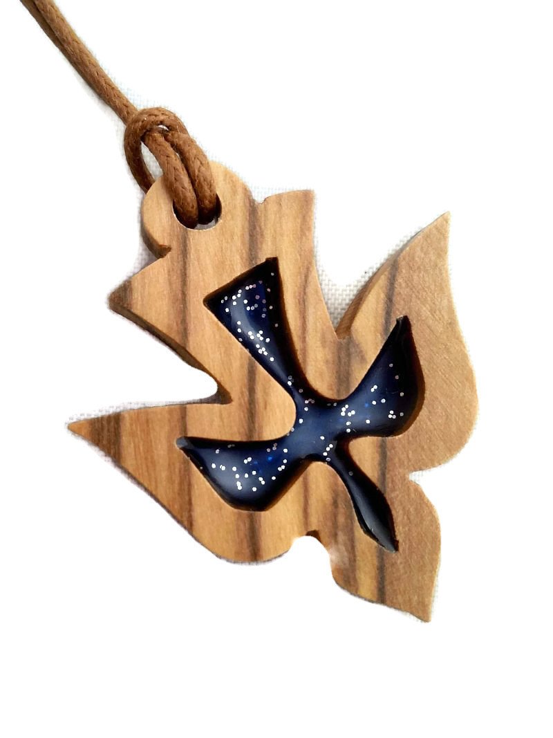 HolyRoses Olive Wood Pendant - Dove of Peace Design - Blue Inlay - HJW - Christian Religious Jewelry with Certificate of Origin - Hand Crafted in the Holy Land - Holyland Souvenir and Symbol of Peace