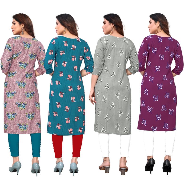 Image of JAKHANA Women's Crepe Printed Casual Straight Calf Length Round Nick Kurta Pack of 4