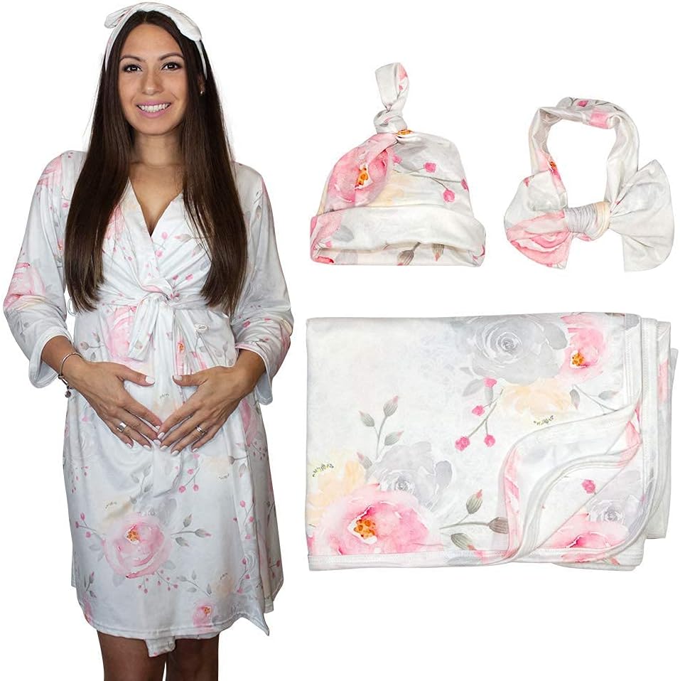 MOMMY O CLOCK Maternity Robe and Baby Swaddle Blanket, Milk Silk Matching Delivery Robe and Swaddling Wrap for Mom and Baby