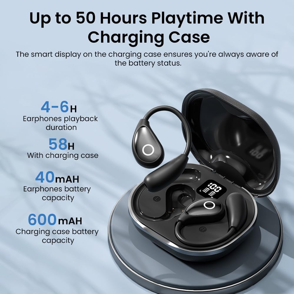 Open Ear Earbuds wireless bluetooth Headphones 5.4 Sports with Smart Digital Display,Clear Calls,50H Playtime,IPX4 Waterproof,Lightweight Over Ear Buds Design for Cycling, Running, Workout(black) - Image 3