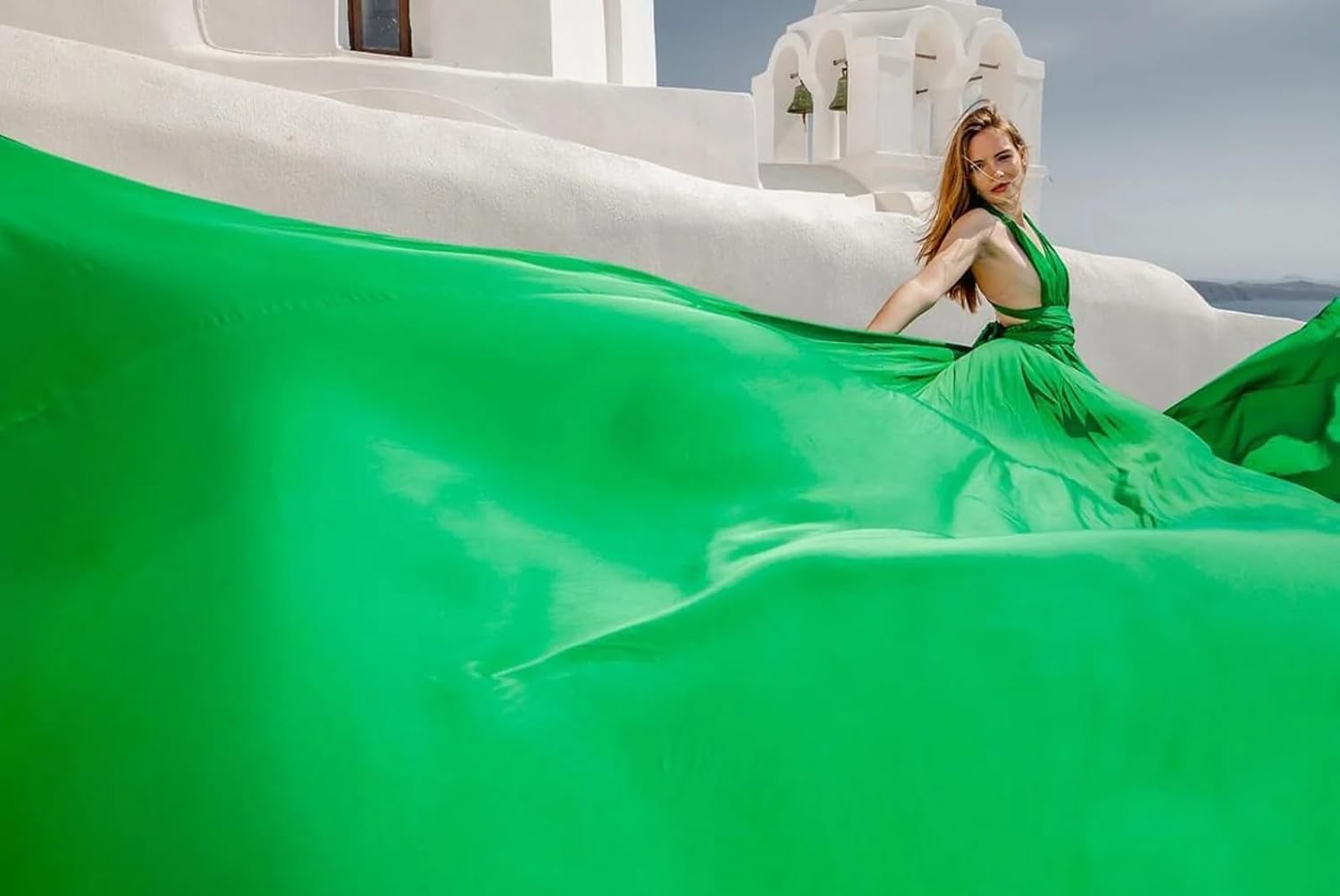 Green Satin Beach Dress, Long Flowy Infinity Dress Custom Asymmetrical Flying Dress