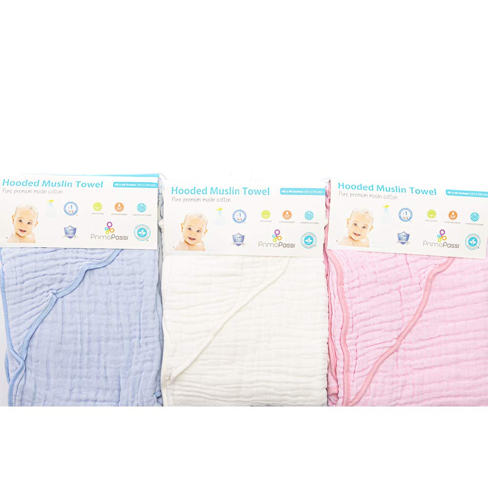 Primo Passi Hooded Bath Towel 40x40in Extra Large Bath Towel 100% Muslin Cotton 6 Layers for Babys Soft and Absorbent White|