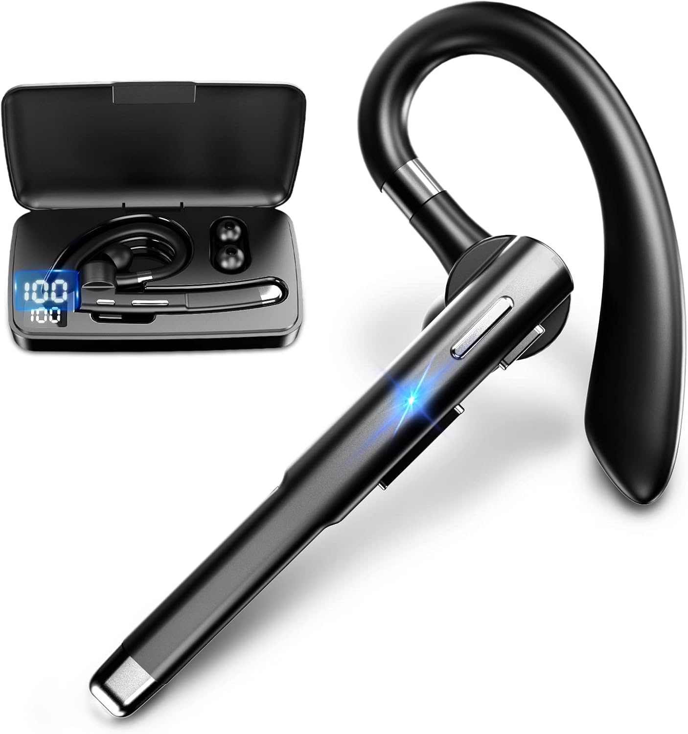 EUQQ Bluetooth Wireless Earpiece for Cell Phones, 2022 New Super Light Hands-Free 100H Bluetooth 5.2 Headset with Mic for Truck Driving Single Ear Wireless Earphones with Charging Case for Smartphone