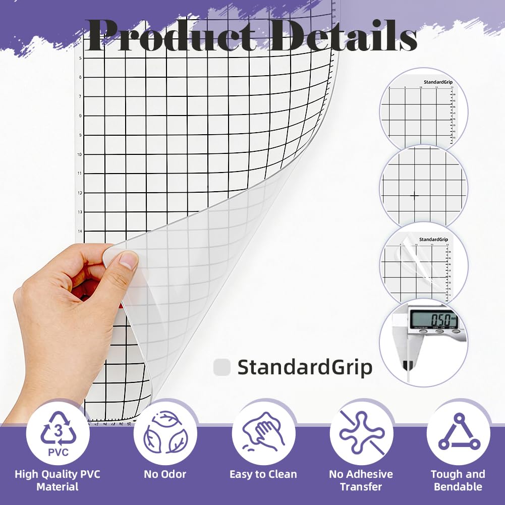 6 Uds Tapete de Corte 12x24" para Silhouette Cameo 5/4/3/2/1, Adhesivo Agarre Light/Standard/Strong/FabricGrip, 30x60cm Alfombrilla de Repuesto Vinilo Antideslizante y Duradera con Rasqueta