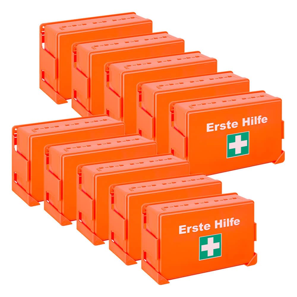 BIGPACK 10x Erste-Hilfe-Verbandkasten, Wandhalter, orange, Kunststoff, DIN 13157 aus Kunststoff, Art.-Nr. 608876 | Verbandskasten | Notfallkoffer | Erste Hilfe Kasten