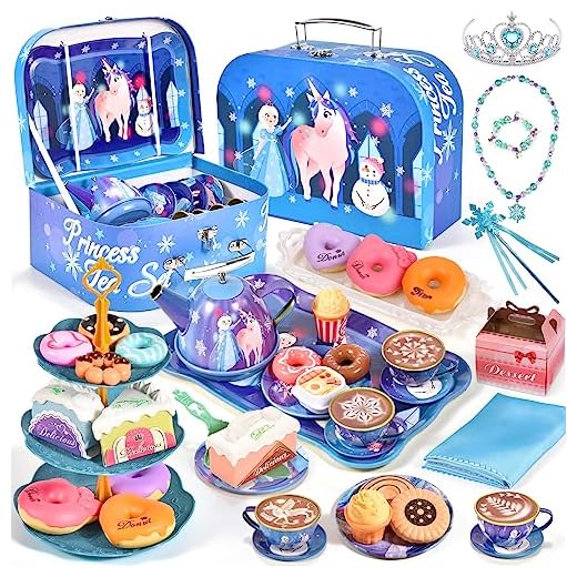 Tacobear 47Pcs Tea Party Set for Little Girls Frozen Toys Inspired Elsa Princess Gift Kids Tea Set & Food Playset & Carrying Case & Jewelry Set Kitchen Pretend Play Toy Birthday Gift for Girls Age 3-6