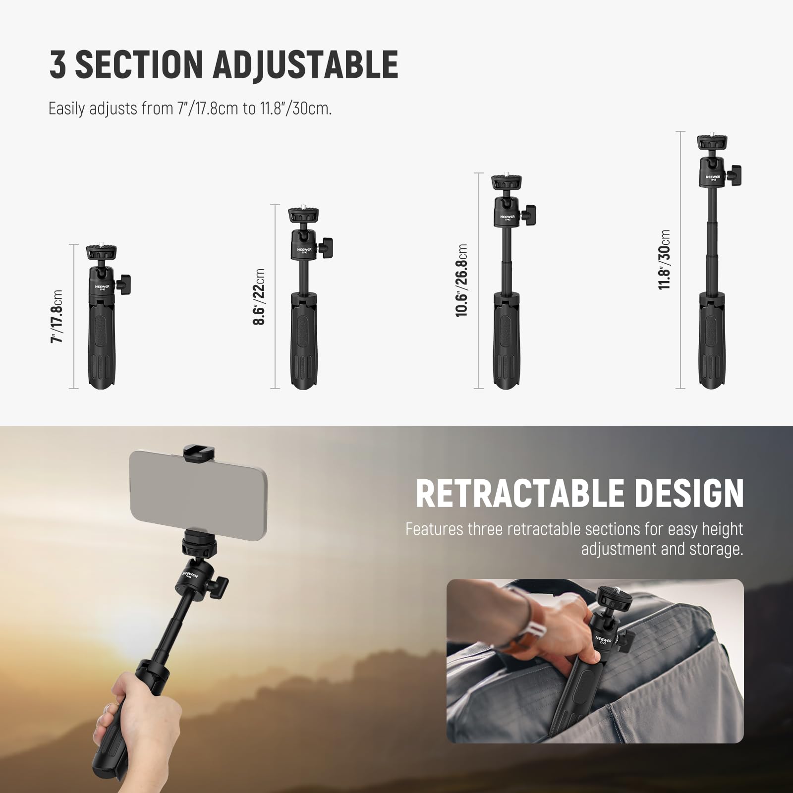 Neewer Mini stacjonarny statyw do selfie Stick kompatybilny z iPhone GoPro Insta360 DJI z głowicą kulową 360° podwyższoną osią środkową, metalowa przenośna mała kamera biurkowa, kamera internetowa