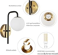 Vista 5 de Juego de 2 apliques de pared industriales de globo de mediados de siglo, lámpara de pared moderna para tocador de baño con pantalla de vidrio