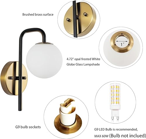 Miniatura 5 de Juego de 2 apliques de pared industriales de globo de mediados de siglo, lámpara de pared moderna para tocador de baño con pantalla de vidrio de