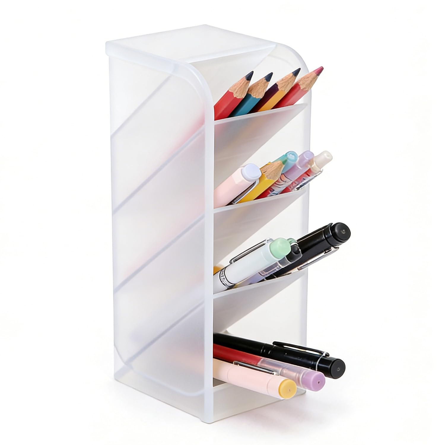 Hapivida Angled Pen Holder Desk Organizer, 4 Grids Vertical Marker Organizer Pen Display Holder for Desk Stationery Pencil Storage (Transparent) — image 1