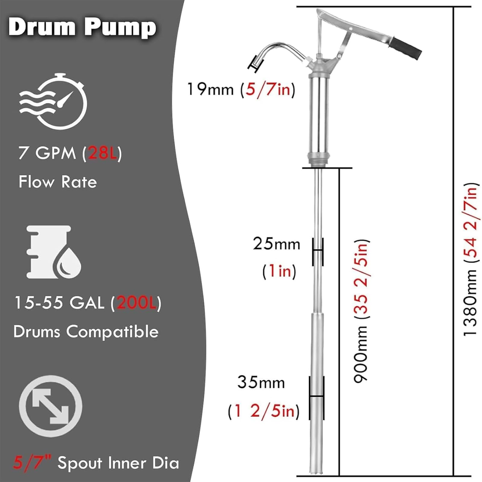 Bombas Manuales para Bidones De Aceite, Bomba De Transferencia De 5-55 Galones, Bomba De Palanca, Tubo De Succión Telescópico De 450-900 Mm, Transferencia Rápida De 28 L/min