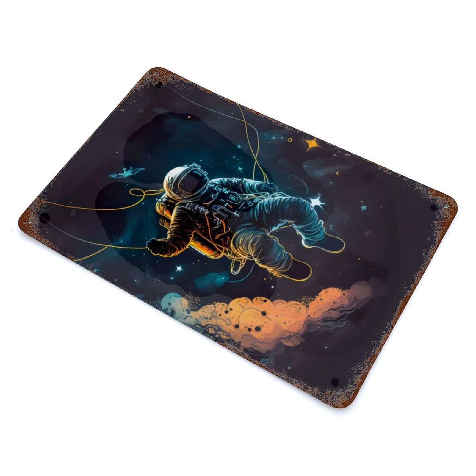 Vintage Rust Metal Sign Astronaut Exploring Space 11.8"x7.9", Shabby Chic Decor for Cafe, Home Bar And Lounge Decor