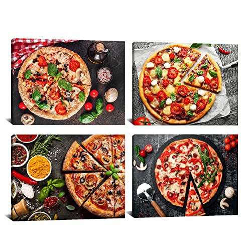 Lienzo de comida para pared Derkymo de pizza italiana en mesa madera set de 4 piezas giclée