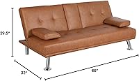 Vista 3 de YAHEETECH - Sofá cama tipo futón de cuero sintético, 2 puestos, sofá con espaldar reclinable y portavasos, cama para invitados