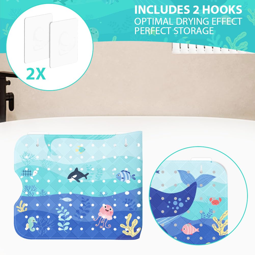 Aolso Tappetino da bagno per Bambini, 100x40cm Tappeto per Doccia con Due Ganci, Tappetino Antiscivolo Antimuffa per Vasca da Bagno e Doccia, Modello Animale Marino, con Ventose, Lavabile in Lavatrice