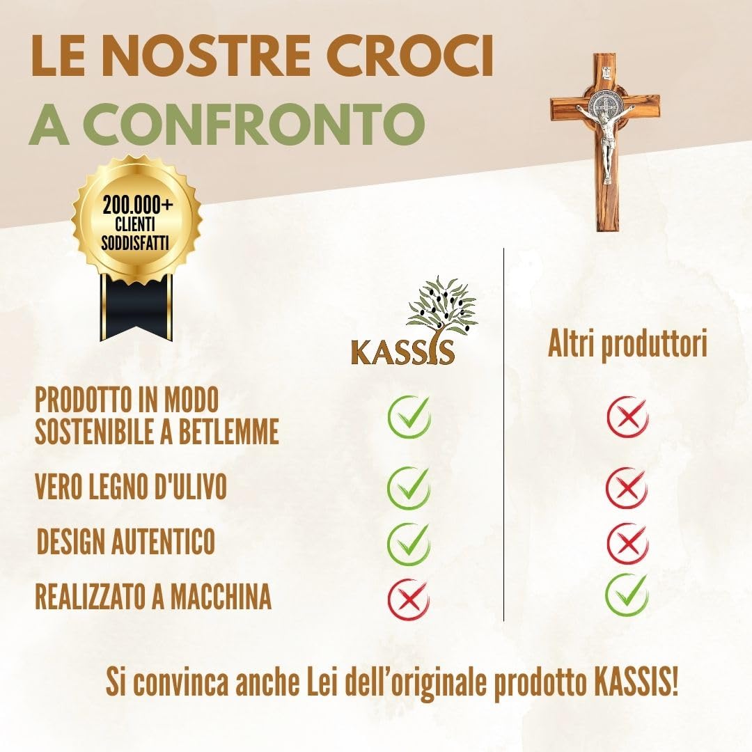 KASSIS Crocifisso di San Benedetto fatto a mano - Croce da parete in legno d'ulivo 16 cm - Regalo per nascita, battesimo, cresima e comunione - Decorazioni religiose per la casa