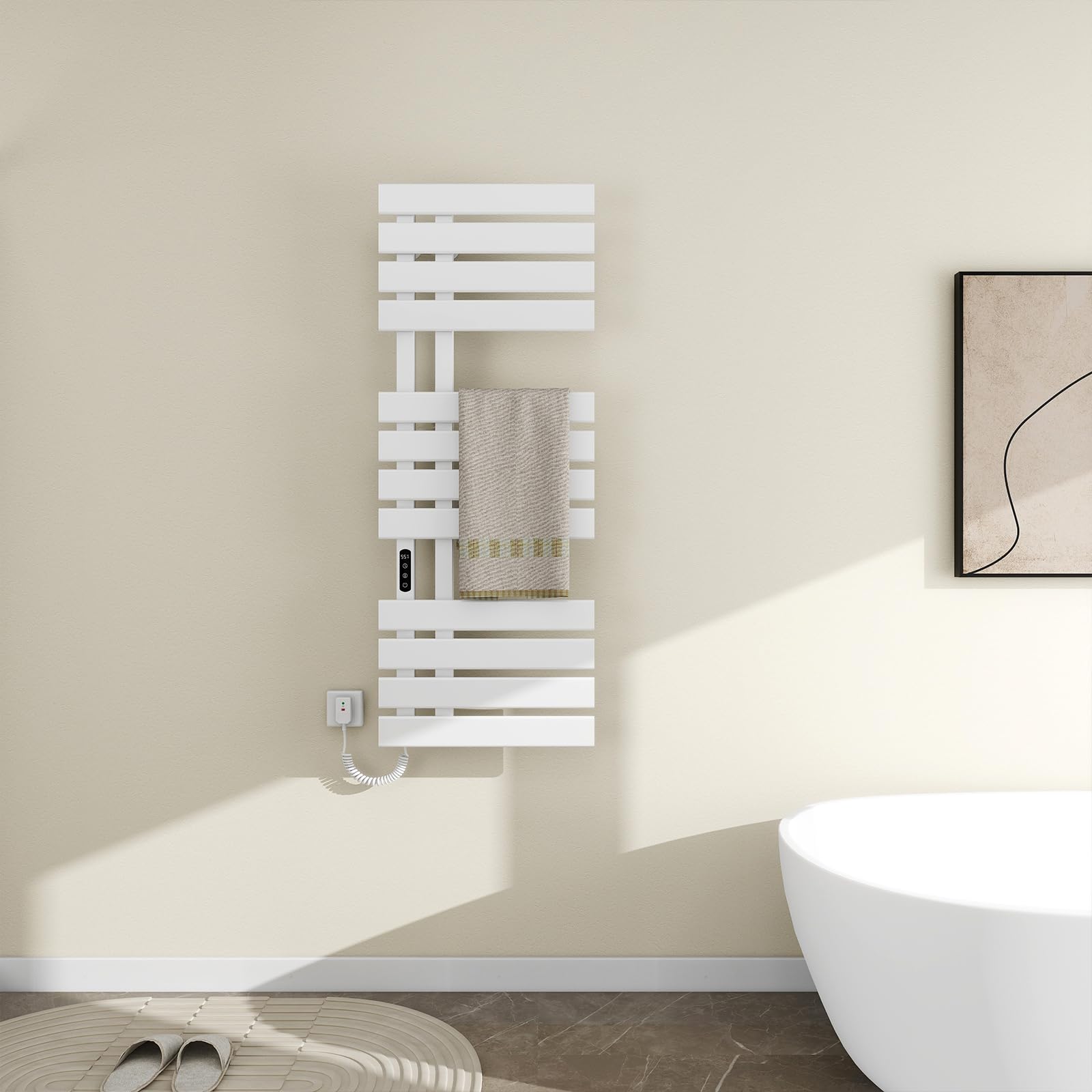 Toallero Baño Radiador, Toallero Electrico Baño Blanco WiFi, 500×1300mm, 460W, Calentador de Toallas WiFi, para Alexa y Google Home y App, Radiador Toallero Electrico, Ahorro energía-WiFi White Left