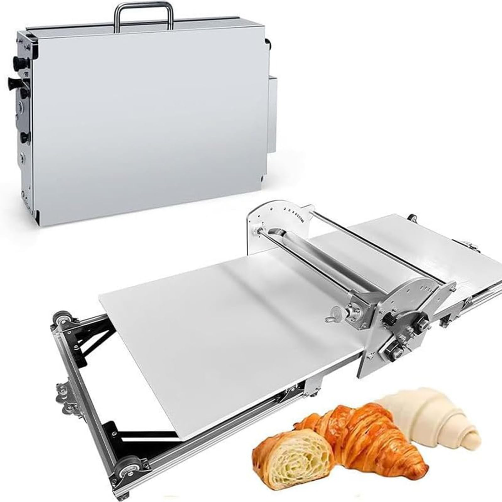 Sfogliatrice Elettrica con Piano di Lavoro in Acciaio Inox, Sfogliatrice Automatica Pieghevole, Spessore Regolabile (2-30 Mm), per Croissant E Pasta Fresca
