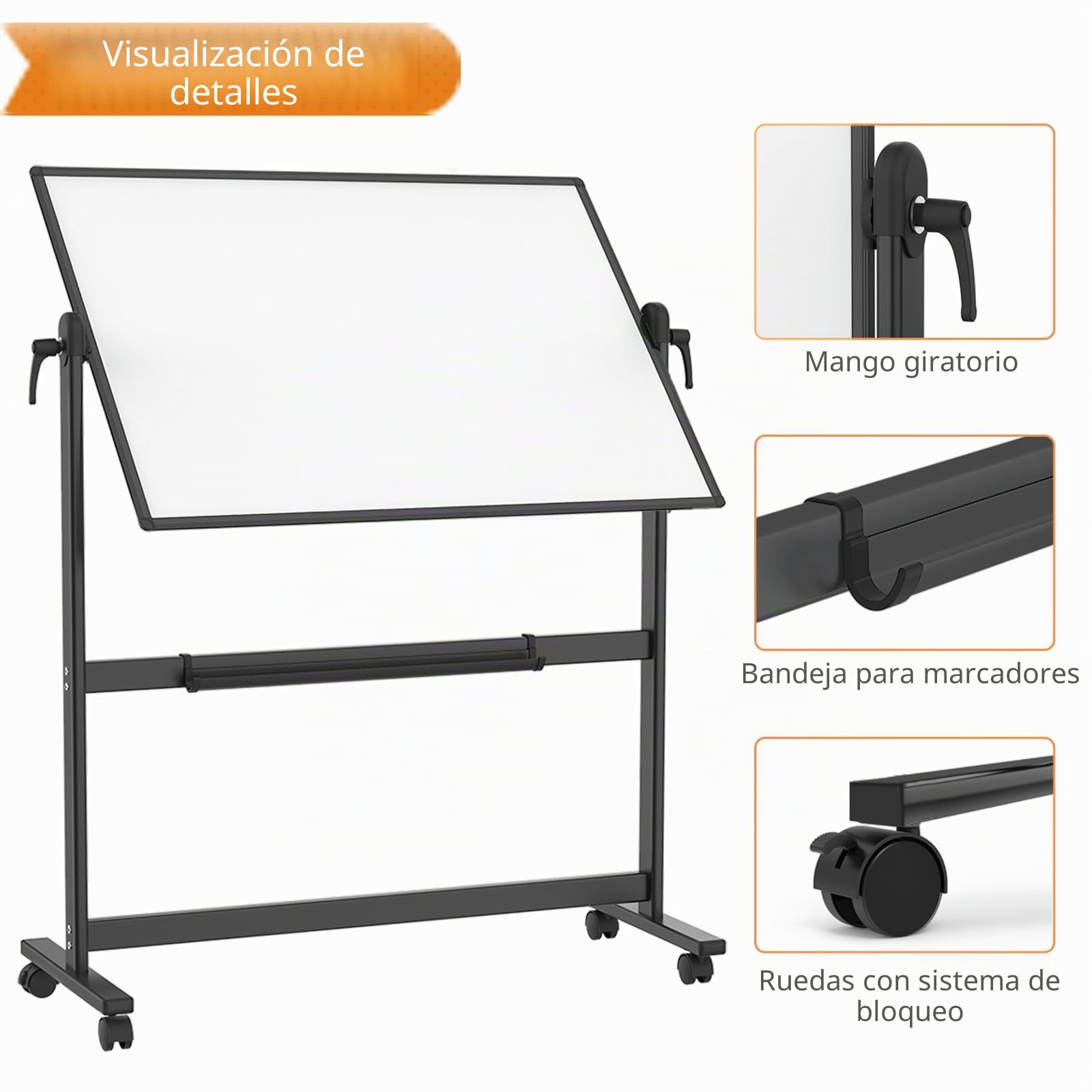 VIZ-PRO Pizarra blanca móvil magnética de doble cara 120x90 cm, con ruedas y marco de aluminio negro, para oficina y aula