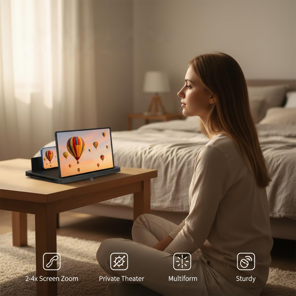 Screen Magnifier for Cell Phone with Adjustable Stand, Foldable Phone Screen Magnifier for Movies & Videos, Hands-Free Viewing, Compatible with All Smartphones (Black, 10'')