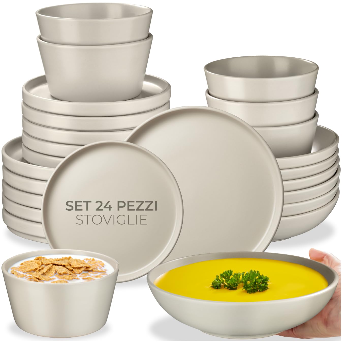 tectake® Set stoviglie 24 pezzi terracotta, servizio piatti 6 persone, set piatti moderni grandi, piccoli, fondi, ciotole, gres smaltato, design moderno, adatto lavastoviglie microonde - Tortora