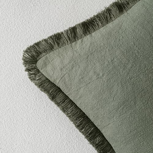 Image of MIULEE Decorative Throw Pillow Covers Neutral Linen Fringe Throw Pillows Set of 2 Light Olive Green Boho Farmhouse Cushion Covers for Couch Sofa Bed Living Room Spring Home Decor 20x20 Inch