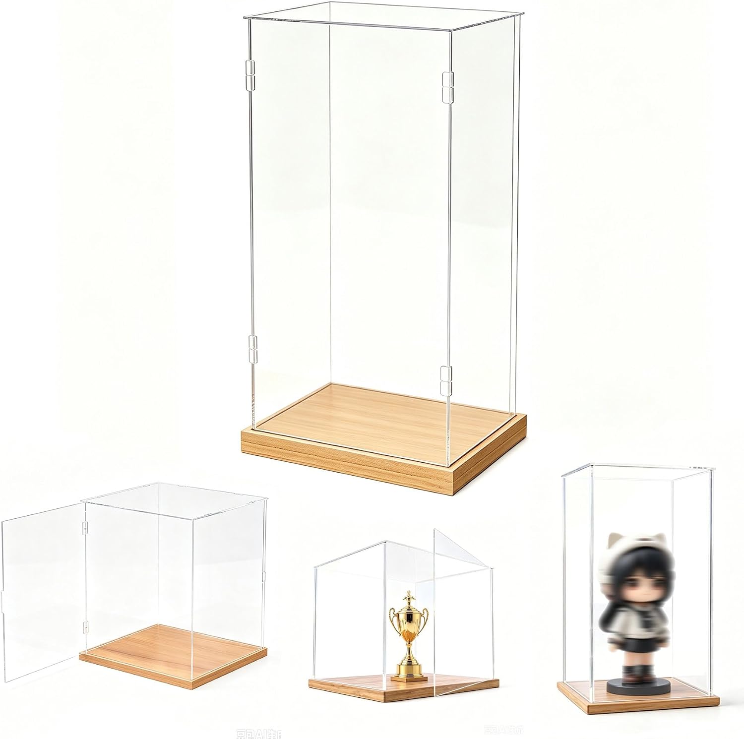 10x10x22in(LxWxH) Acrylic Box with Wood Base Easy Assemble Dust Cover