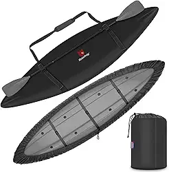 Rosefray Capa de caiaque, capa de canoa impermeável espessa 420D com suporte de remo, alça de ombro confortável, capa resistente a UV para barco de pesca – preta, G (para caiaques de 4 a 4,5 m)