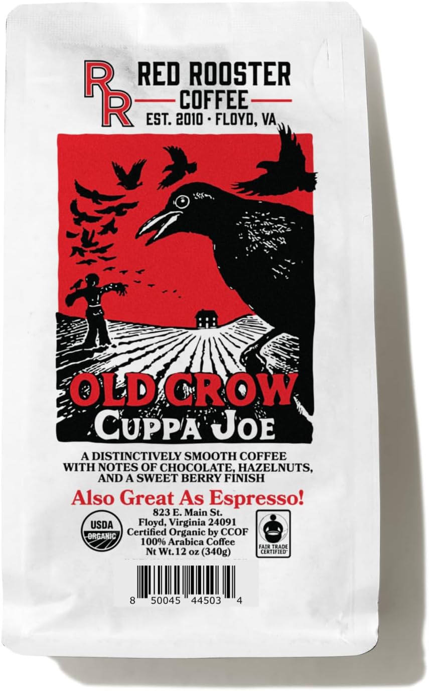 Organic Old Crow Cuppa Joe – Medium Roast Whole Bean Coffee – Notes of Blackberry, Tart Cherry, Dark Chocolate & Trail Mix – 12oz – USDA Organic, Fair Trade