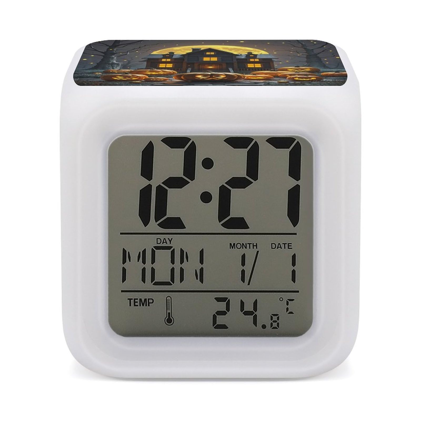 LZQPOEAS Halloween Night Alarm Clock Desk Clock with 7 Color Changing Night Light Digital Clocks with Temperature Display Sleep Training and Sound Machine for Heavy Sleeper