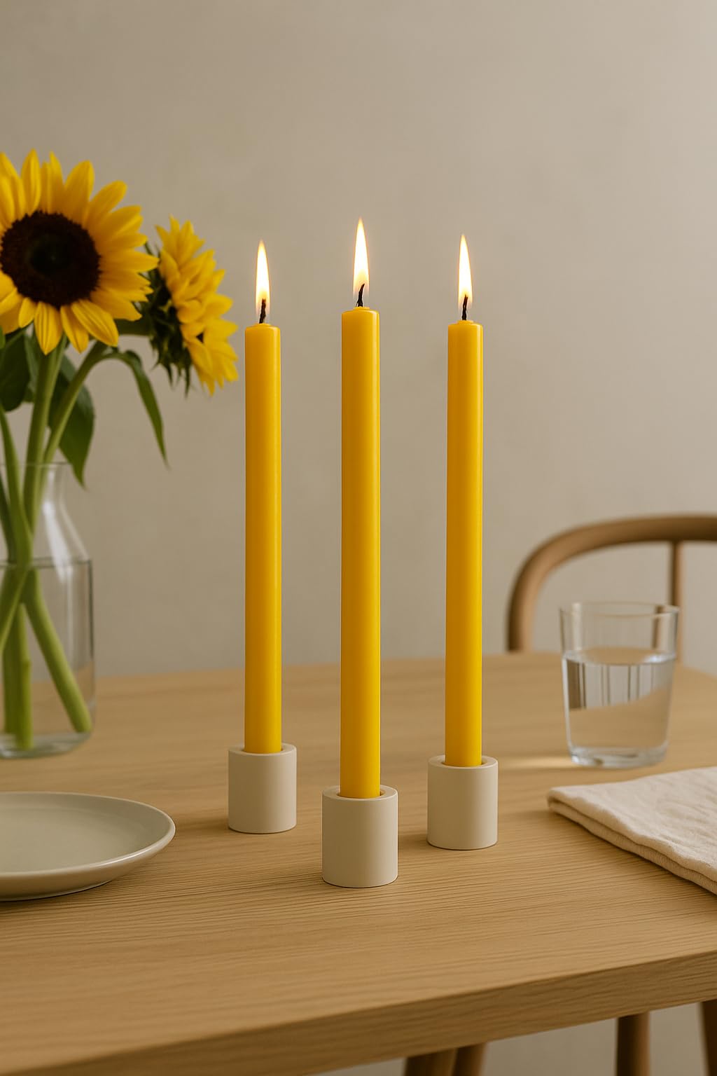 Velas danesas de palo amarillo sol - paquete de 12, altura 29cm, Ø 2,2cm, tiempo de combustión aprox. 14 horas, velas cilíndricas para candelabros, juego de velas de decoración